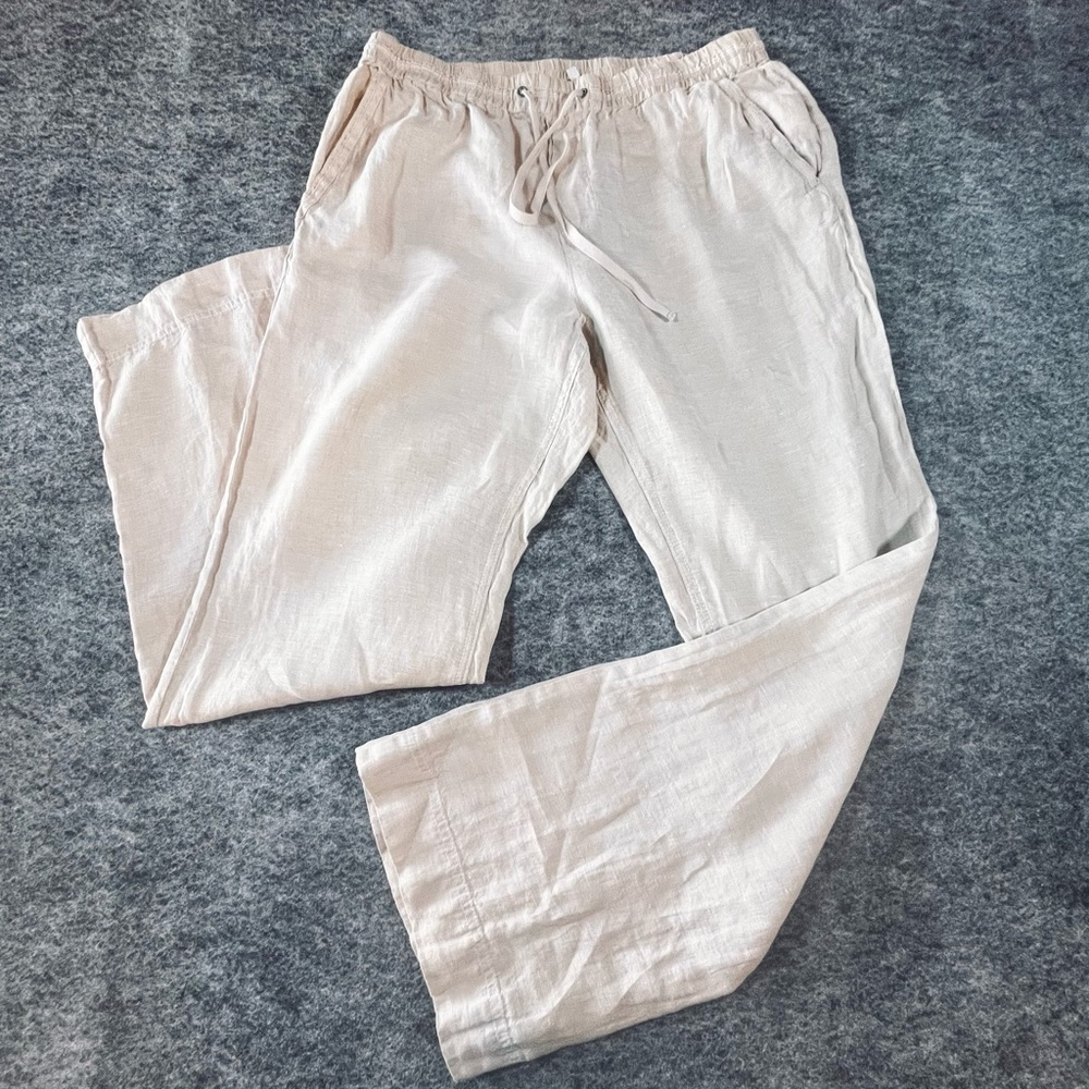 Foxcroft Light Beige Wide-Leg Linen-Blend Drawstring Pants